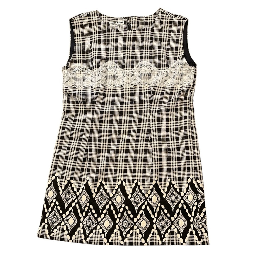 Black White Plaid Lace Shift Mini Dress Tunic Stretch M